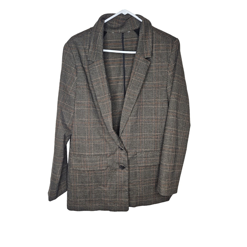 Women's Plaid‎ Blazer Jacket Brown Black Check 2 Button Lined Career Workwear